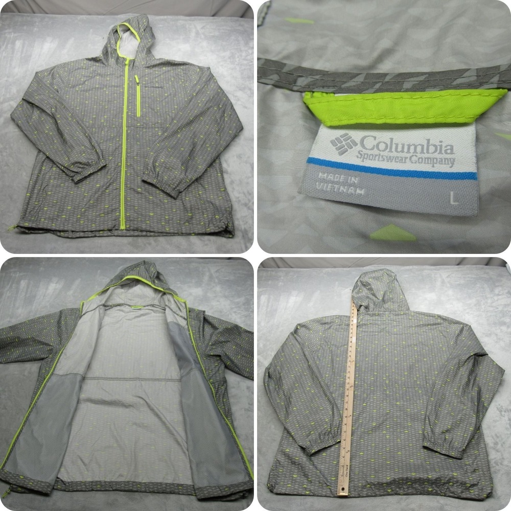 Columbia Jacket Gray Men Large Yellow Geometric Lightweight Packable Wind Rain